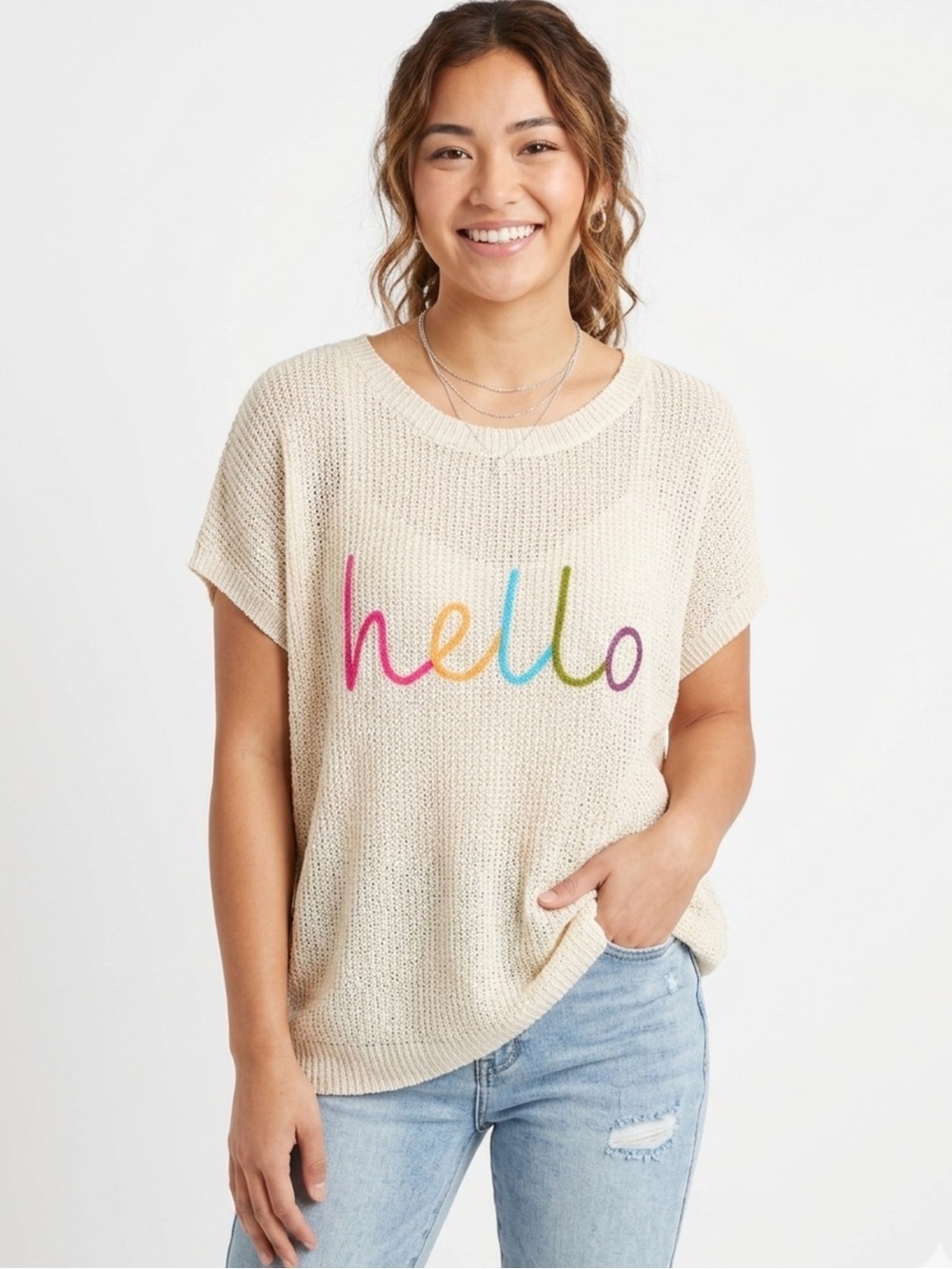Annie Wear Oversized Open Knit HELLO Sweater Size Large